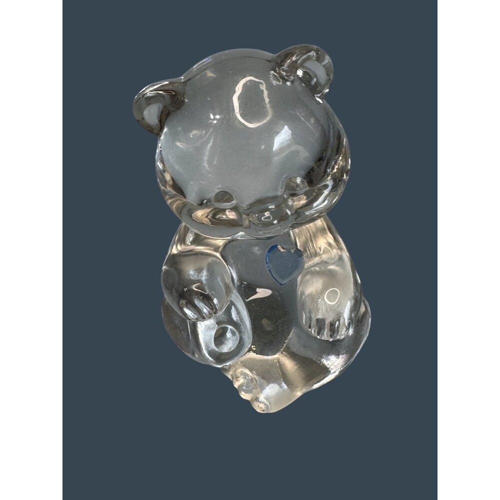 Fenton Teddy Bear Clear Glass Blue Heart Paperweight Figurine Signed - Picture 3 of 10